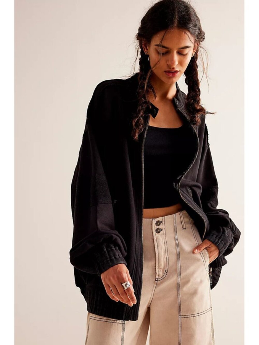 Free People Lou Moto Zip Jacket Dropped Shoulders Long Sleeve Black XS